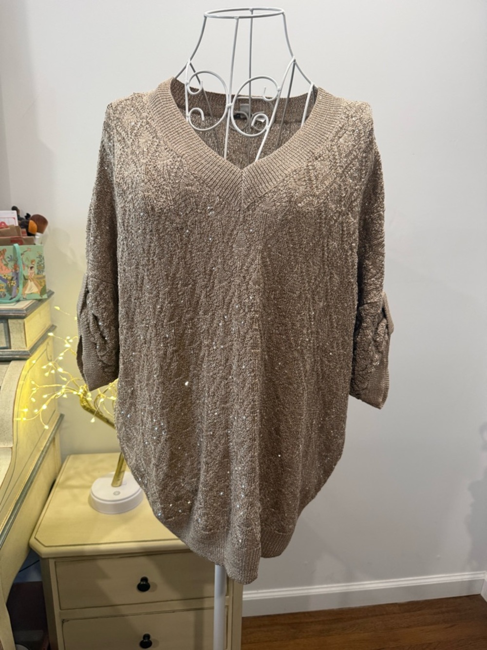 Chico's Taupe V-Neck Sparkle Knit Sweater